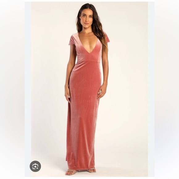 Lulus Feeling Flawless Dusty Rose Velvet V-Neck Maxi Dress. Size S. New - Picture 1 of 11